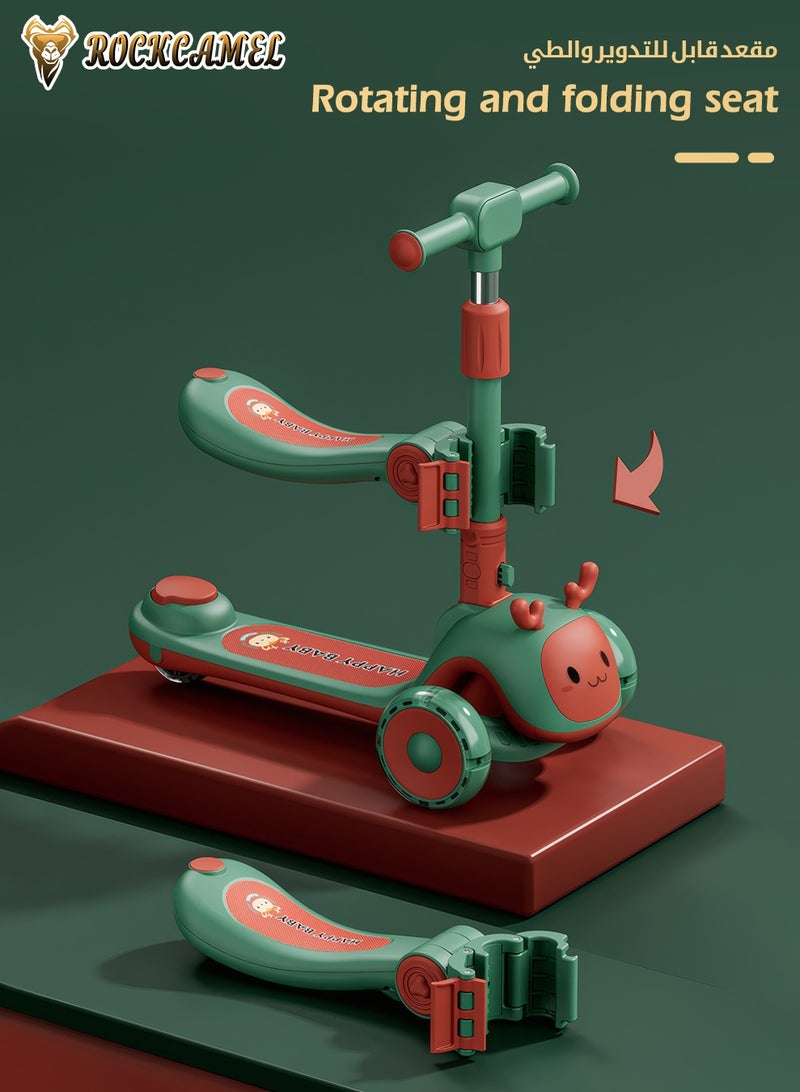 ROCKCAMEL 2 in 1 Kids Kick Scooter, Foldable Scooter with LED Lighted Wheels and 4-Level Adjustable Height Handlebars, Widen Anti-Slip Deck, Sensitive Brakes, Kids Toys for Boys & Girls Ages 1-12, Green - Image 4